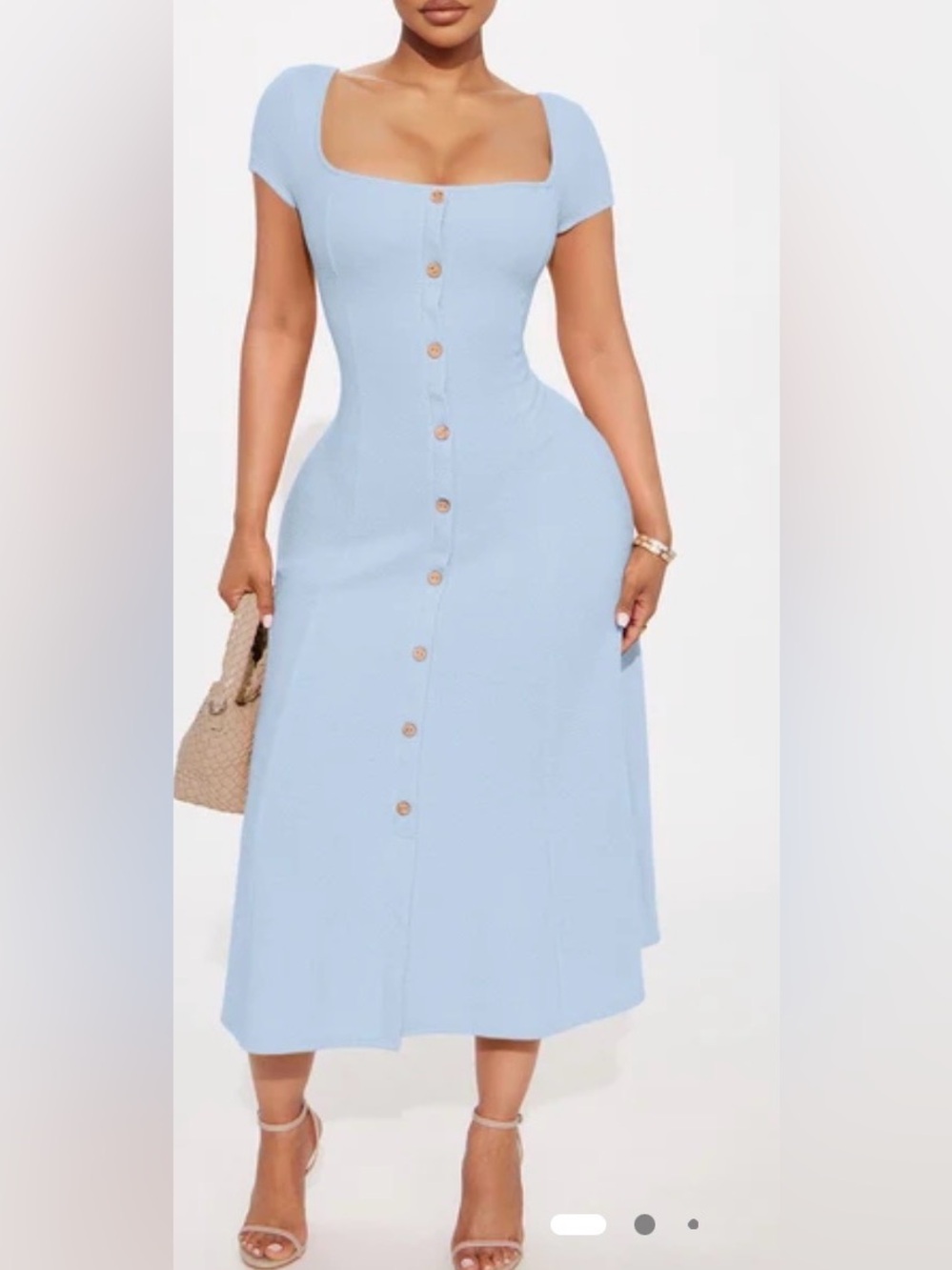 Fashion Nova Light Blue Button-Front Square Neck Midi Dress - Never Worn